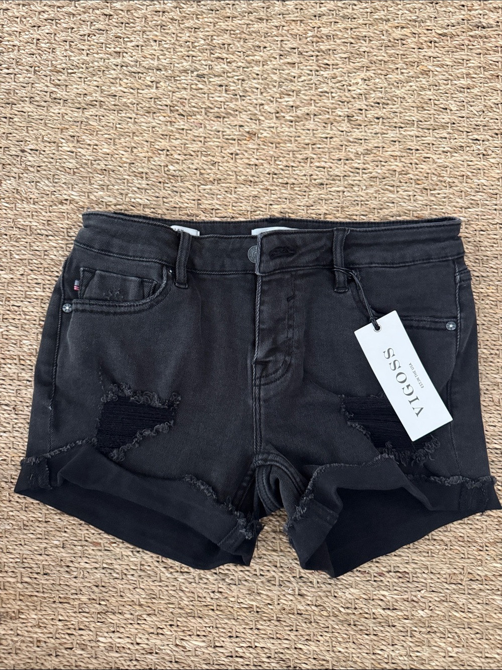 Vigoss Black Distressed Rolled-Hem Jean Shorts